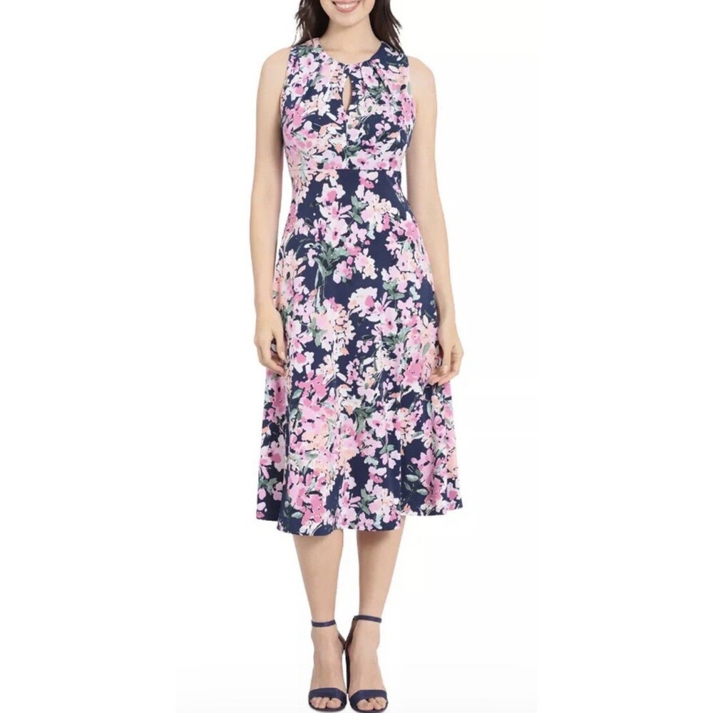 London Style Collection Fit & Flare Empire Sleeveless Midi Dress Floral Sz 8P
